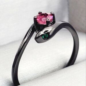 Pink Rose Quartz Black Rhodium - 925 Sterling Silver Emerald Eye Snake Ring